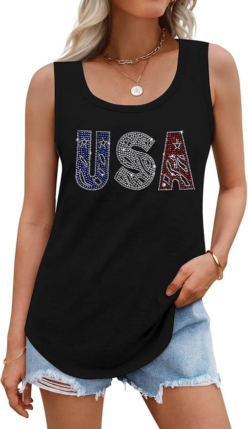 MOUSYA USA Sequin Tank Top Woman Sparkly American Flag Sleeveless Tee Glitter Patriotic Shirts Bl... | Amazon (US)