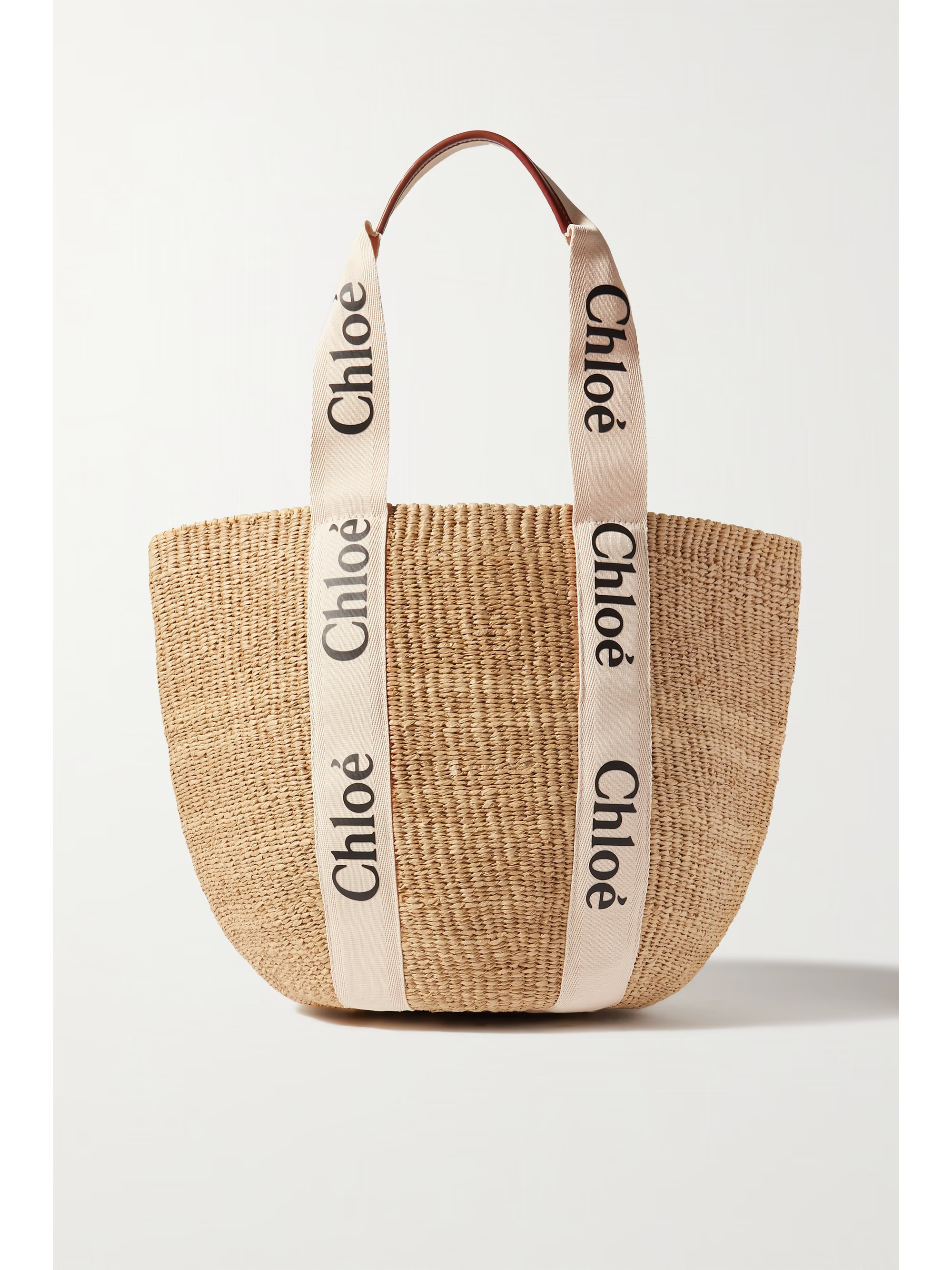White Woody large printed canvas and leather-trimmed raffia basket bag | CHLOÉ | NET-A-PORTER | NET-A-PORTER (US)
