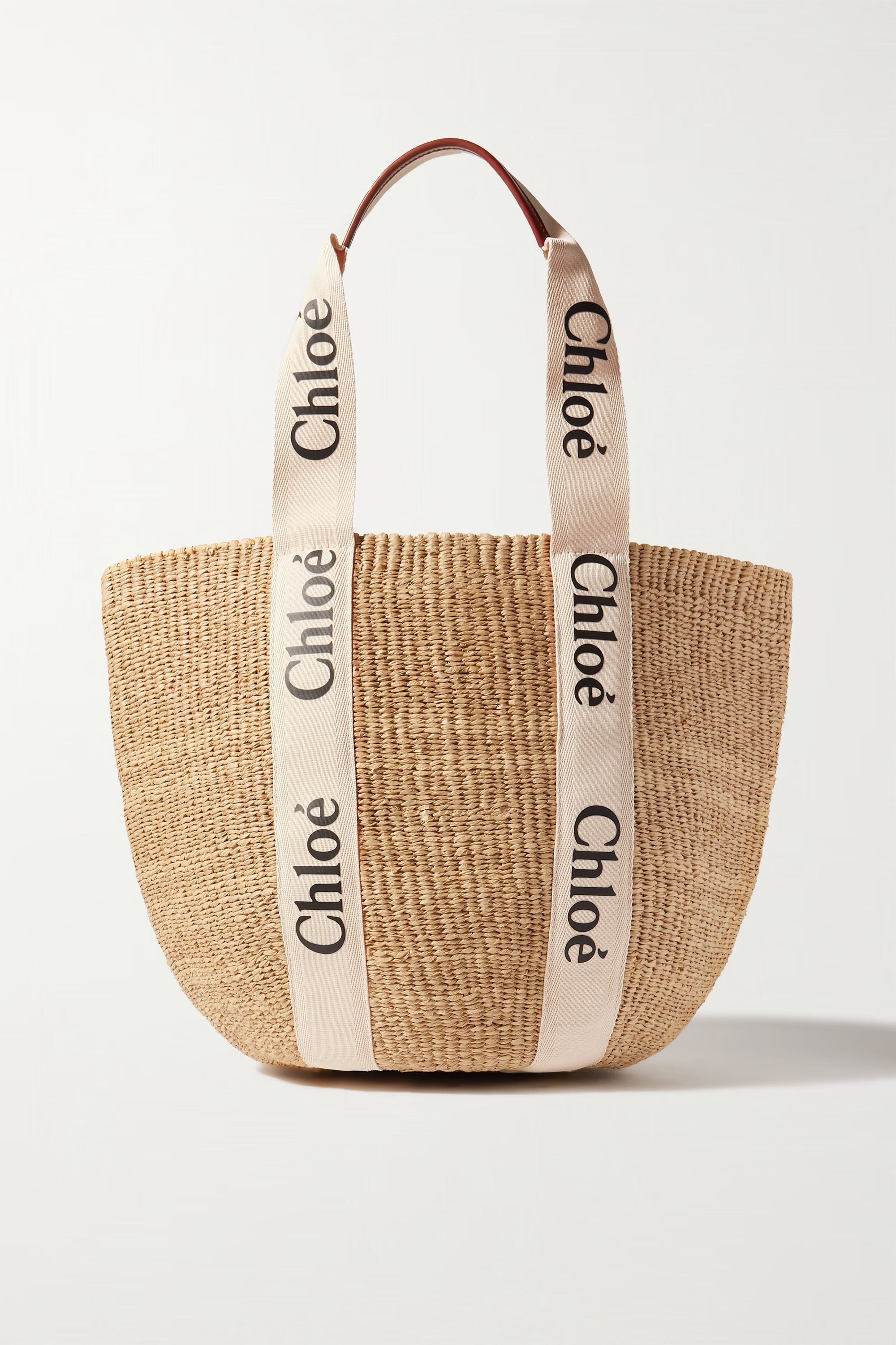 White Woody large printed canvas and leather-trimmed raffia basket bag | CHLOÉ | NET-A-PORTER | NET-A-PORTER (US)