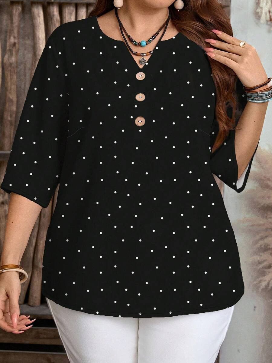 EMERY ROSE Classic Retro Black & White Polka Dot Print Casual Minimalist Plus Size Shirt, Suitabl... | SHEIN