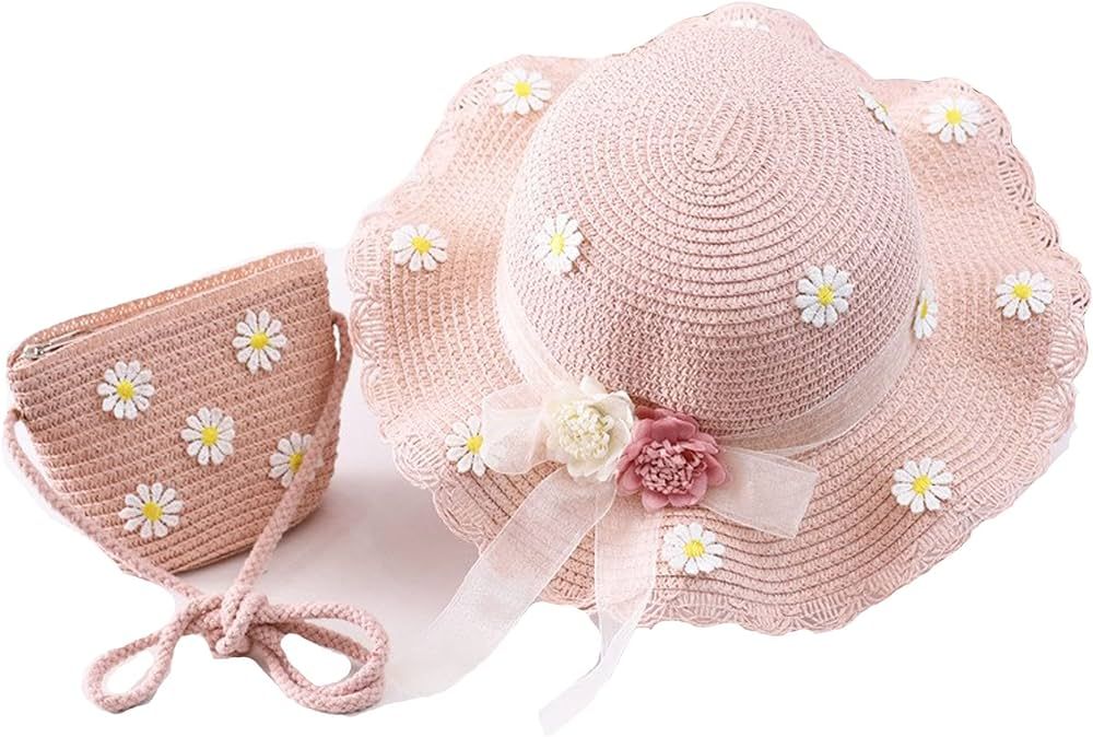 Girls Sun Hat with Shoulder Bag Set Large Brim Flower Beach Summer Hat Straw Purse Beach Bag Cute... | Amazon (US)