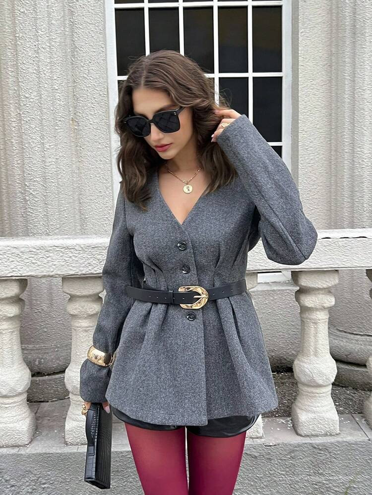 Firerie Women's Elegant Minimalist V-Neck Button Waist Pleated Long Sleeve X-Type Double-Faced Wool Blend Coat, Versatile For Commute, Casual And Street Style, New Design, Dark Grey | SHEIN