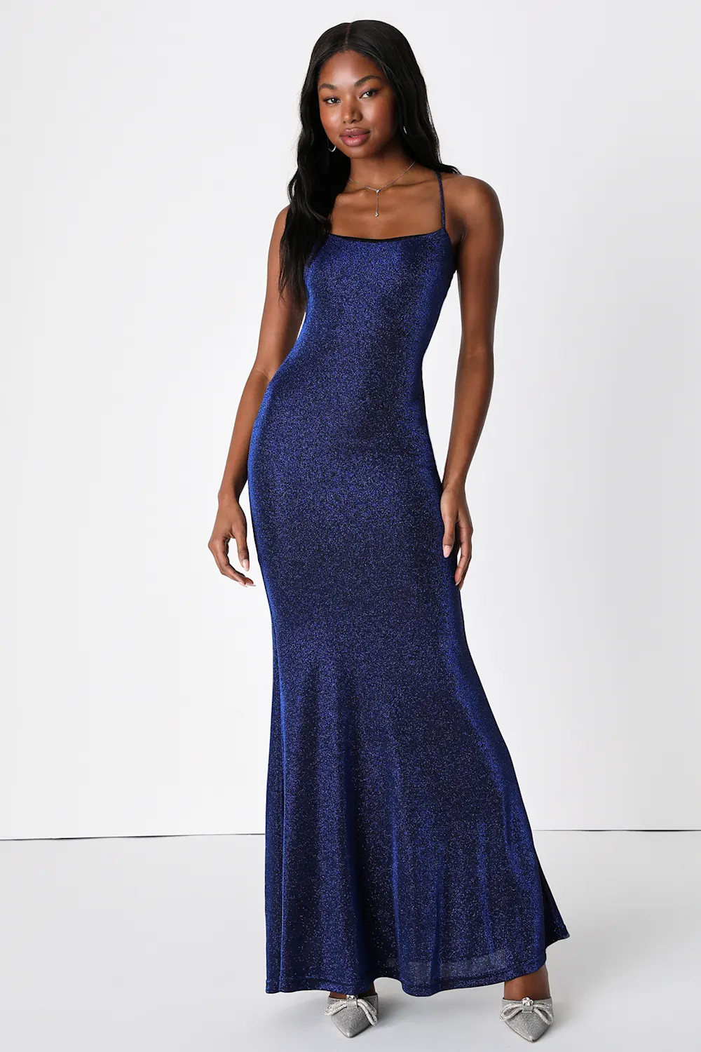 Captivating Sensation Blue Sparkly Scoop Neck Lace-Up Maxi Dress | Lulus