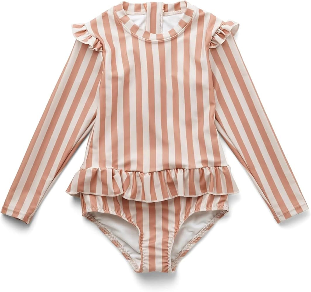 LDIOIF Toddler Girls One Piece Bathing Suit Pink Striped Long Sleeve Swim Suits Zipper Rash Guard... | Amazon (US)