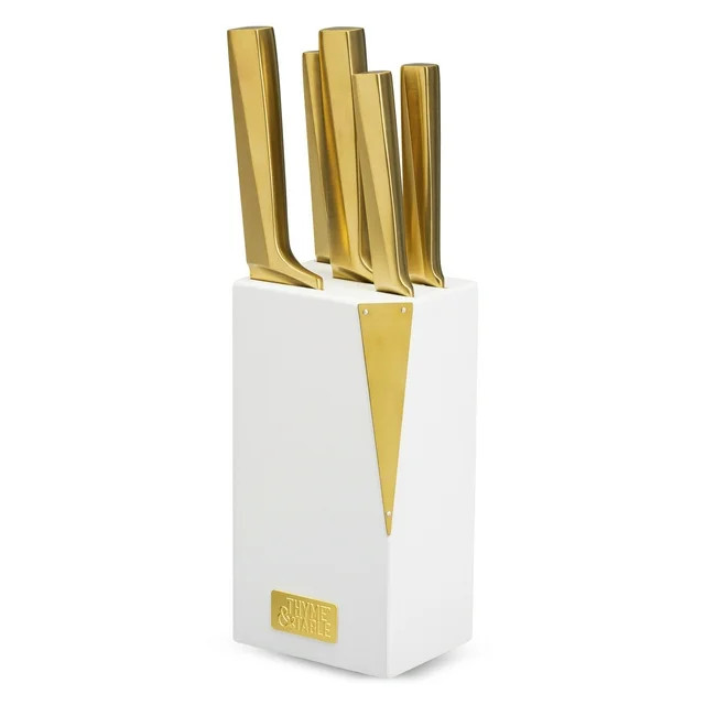 Thyme & Table 6-Piece Slim Acacia Knife Block Set with Gold Blades and White Accent Block | Walmart (US)