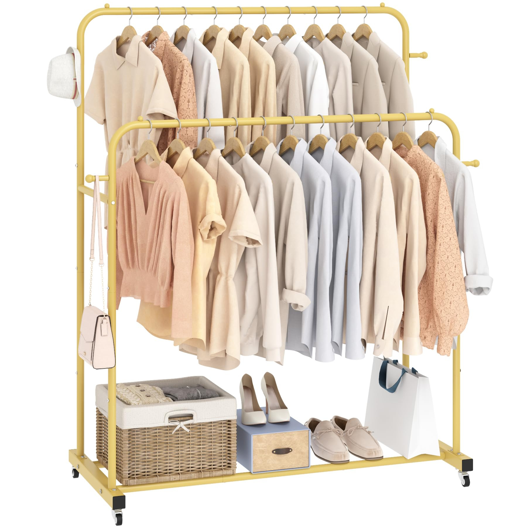 Laiensia Gold Double Rods Garment Rack with Wheels, Clothing Rack for Hanging Clothes, 4 Hooks, M... | Amazon (US)