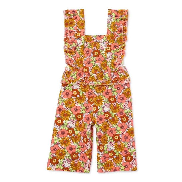 Wonder Nation Toddler Girl Sleeveless Ruffled Print Denim Romper, Sizes 18M-2T | Walmart (US)
