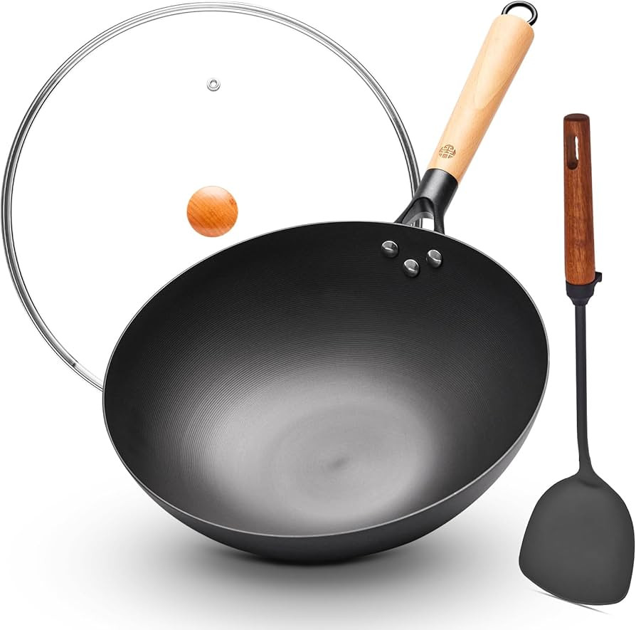 WANGYUANJI 12.6 Inch Flat Bottom Iron Wok with Glass Lid and Wooden Handle, Non-Coated, Naturally... | Amazon (US)
