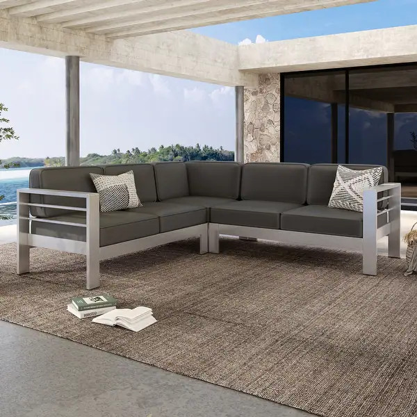 Christopher Knight Home - Ethan Outdoor V-Shaped Aluminum 4-Seat Sectional Sofa Set with Waterpro... | Bed Bath & Beyond