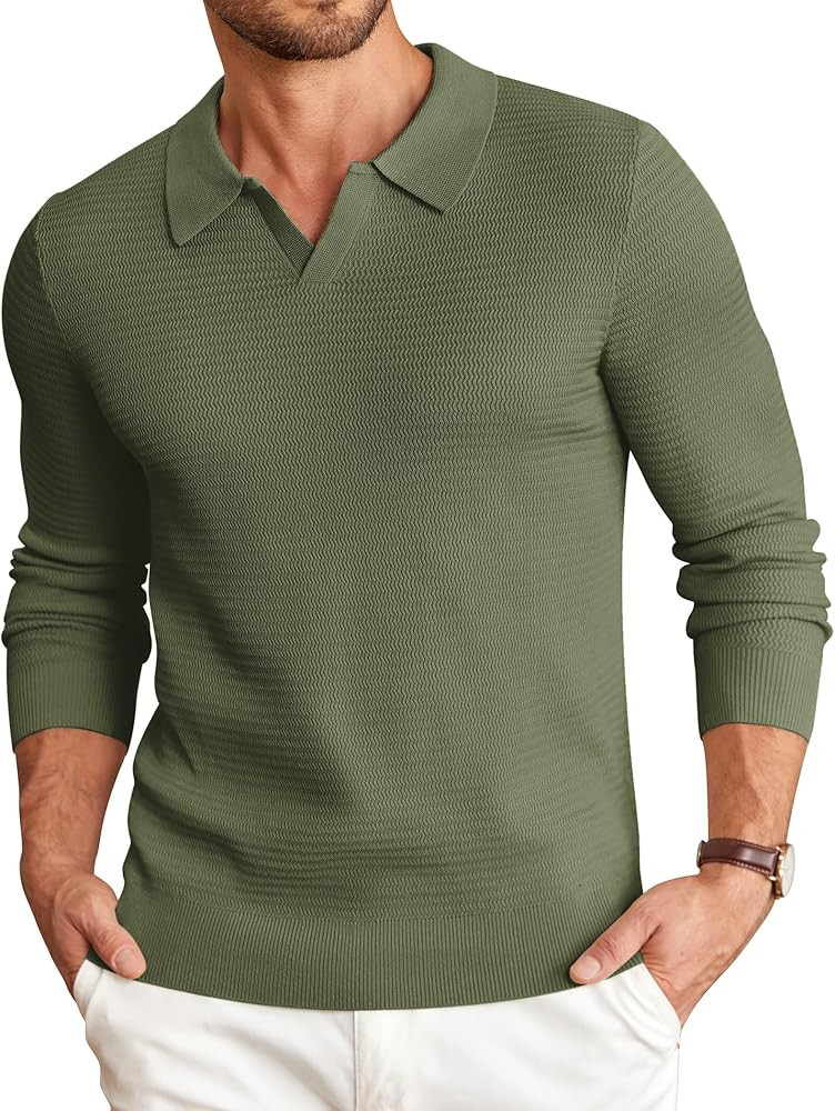 COOFANDY Mens Knit Polo Sweater V-Neck Long Sleeve Textured Lightweight Casual Dress Pullover Fal... | Amazon (US)