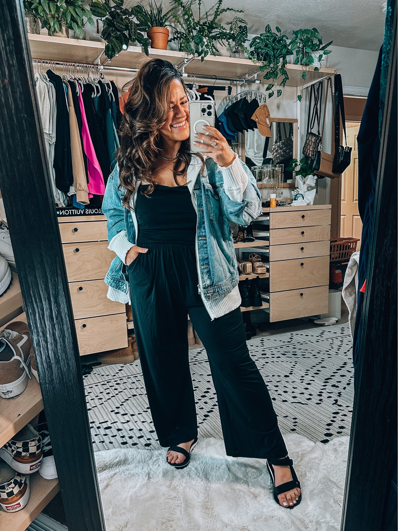 Midsize size 14 travel outfit- vacation travel outfit 
Jumpsuit xl 
Jean jacket xl
Hooded sweatshirt large 
Walking sandals tts 
Strapless bra 

#LTKtravel #LTKcurves #LTKsalealert