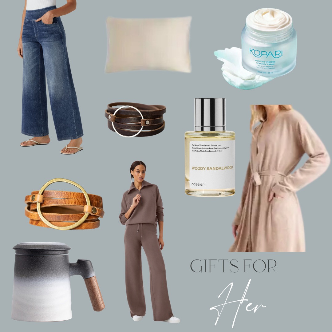 Gift ideas for Her 

 Kopari moisture whip is so good!  This cashmere bathrobe from Quince is so luxurious!  She’ll love it!   I always get compliments when I wear this Dossier perfume.  Halara “jeans” are SO comfy!  Blissy silk pillowcase to the protect your hair and skin.   Spanx AirEssentials are like butter!!  These leather bracelets are so cool! 

#LTKHoliday #LTKBeauty #LTKGiftGuide