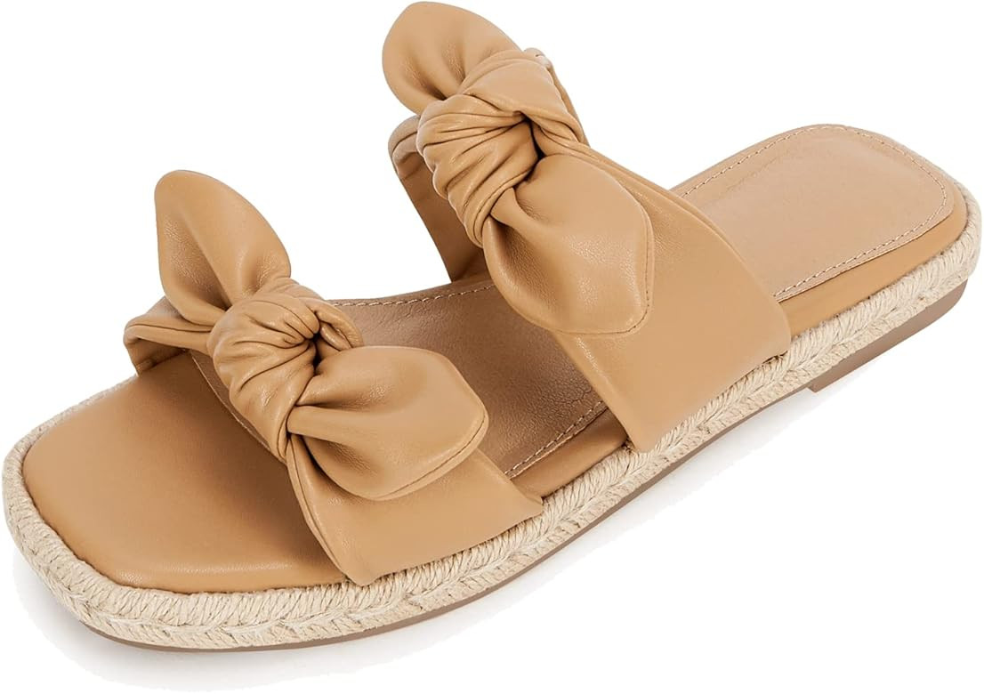 LAICIGO Women's Square Open Toe Slide Sandals Cute Slip on Bow Knot Flat Beach Sandals for Summer | Amazon (US)