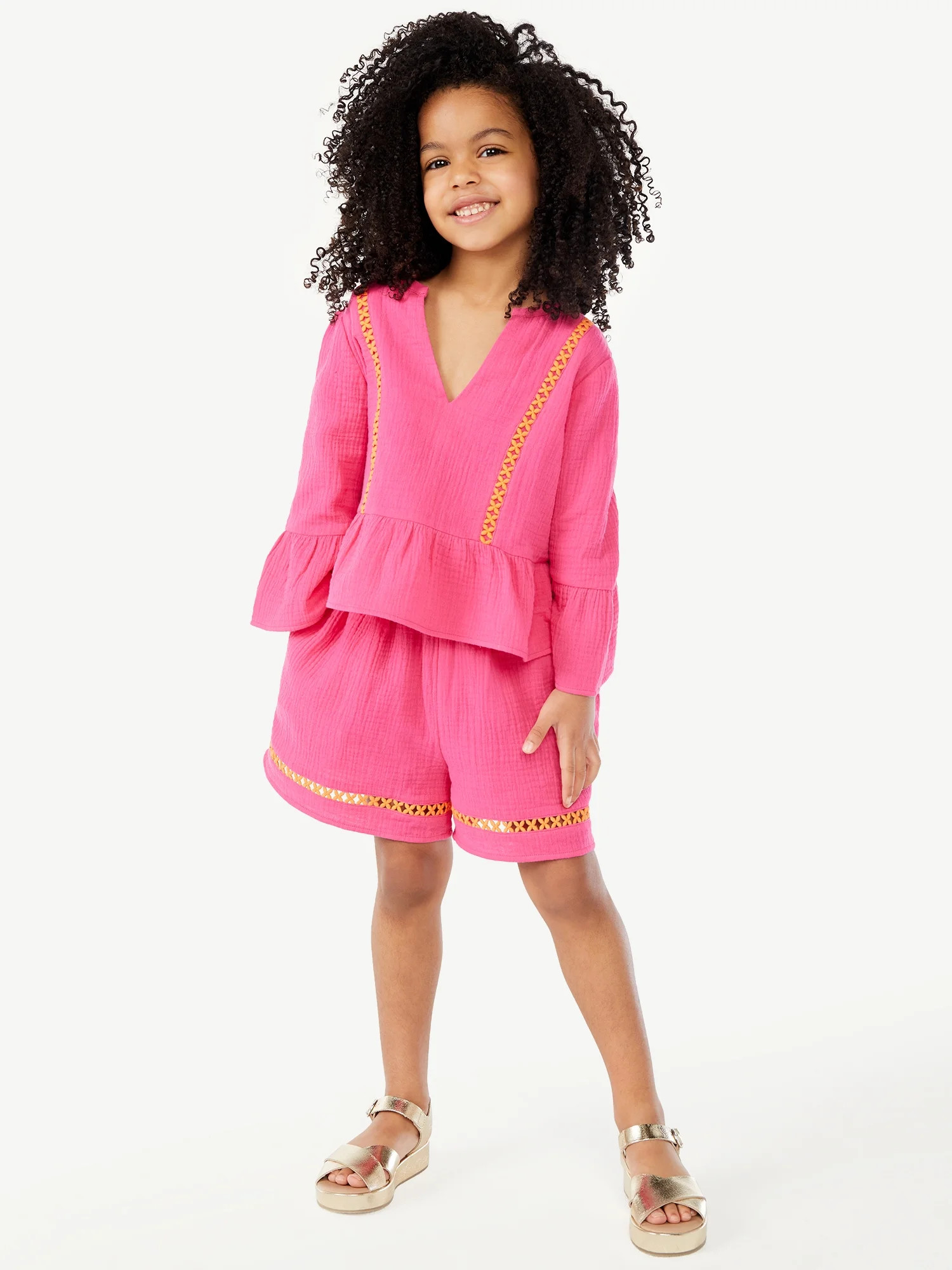 Scoop Girls Lace Trim Peplum Top and Matching Shorts, 2-Piece Outfit Set, Sizes 4-12 | Walmart (US)