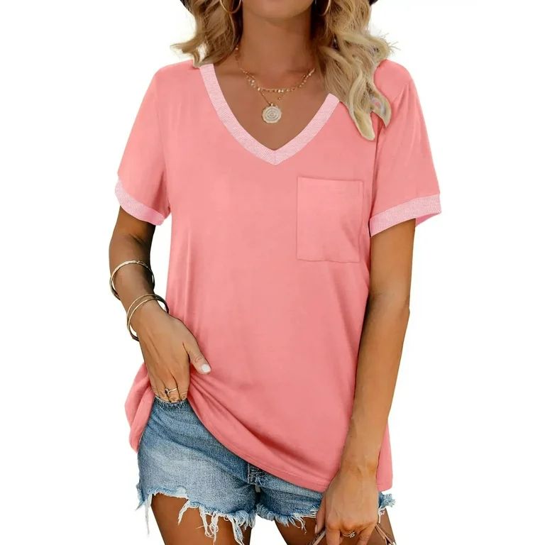 MOSHU V-Neck Women T Shirts Short Sleeve Loose Summer Tops for Women with Pocket | Walmart (US)