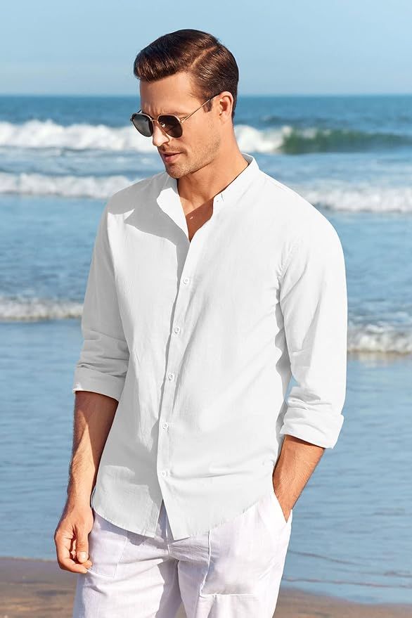 Makkrom Men's Casual Button Down Cotton Linen Shirts Long Sleeve Band Collar Beach Shirt Top | Amazon (US)
