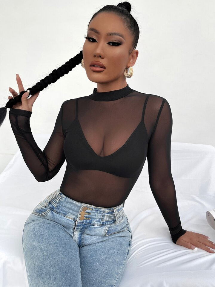 SHEIN SXY Mock Neck See Through Mesh Top & Bra | SHEIN