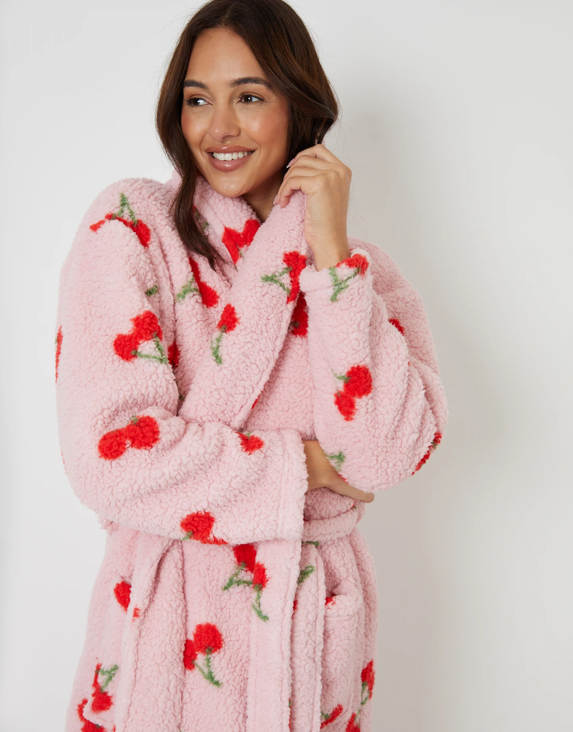 Pink Cherry Print Borg Dressing Gown | Threadbare