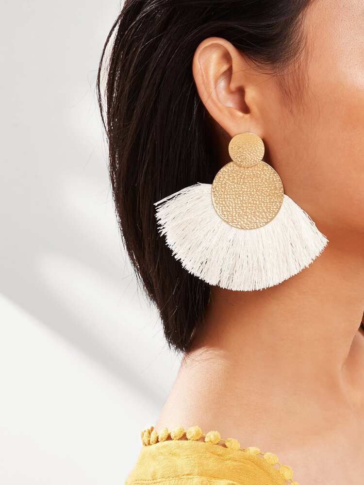 Textured Round Fan Tassel Drop Earrings 1pair | SHEIN