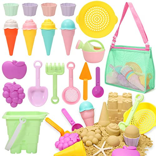 Tagitary Beach Sand Toys for Kids, Beach Toys 23PCS Set with Ice Cream Cake Sand Molds, Mesh Beach Bag, Bucket, Watering Can, Shovel, Rake - Ideal for Toddler Sandbox, Outdoor Play and Beach Travel | Amazon (US)