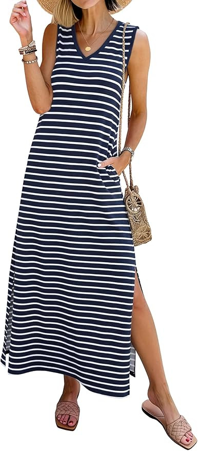 ANRABESS Womens Summer Casual V Neck Sleeveless Tank Maxi Dress Split Wrinkle-Free Beach Vacation... | Amazon (US)