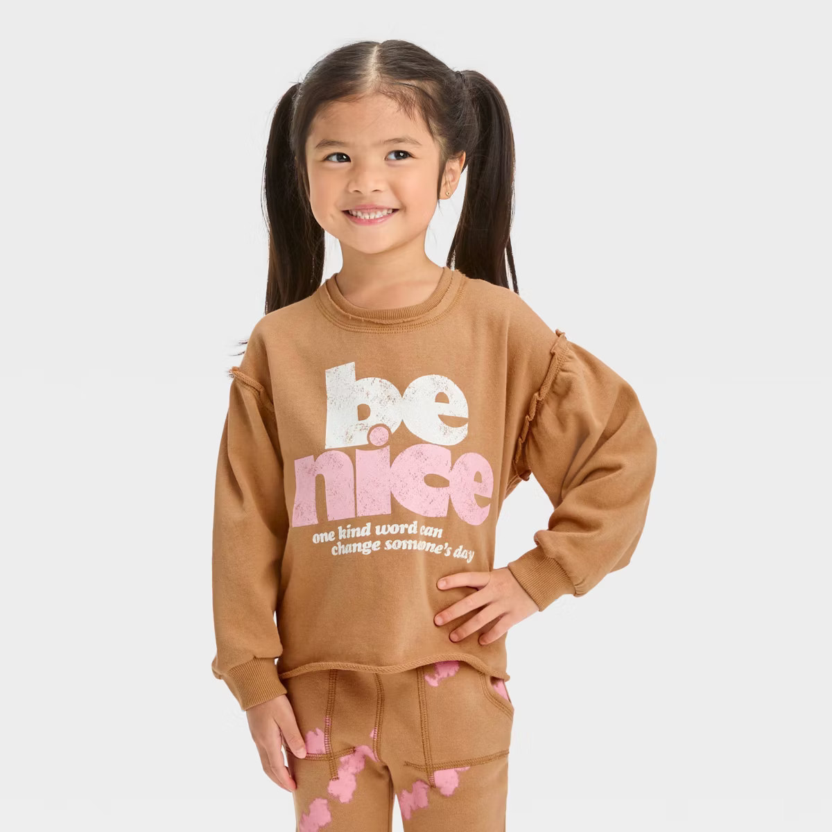 Grayson Mini Toddler Girls' 'Be Nice' French Terry Puff Sleeve Crewneck Sweatshirt - Brown | Target