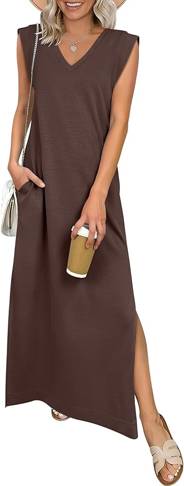 ANRABESS Womens Summer Casual Maxi Dresses Sleeveless V Neck Split Wrinkle-Free Long Sundress Bea... | Amazon (US)