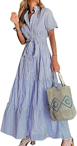 utcoco Womens Casual Short Sleeve Button Down Tie Waist Ruffled Striped Maxi Shirt Dress | Amazon (US)