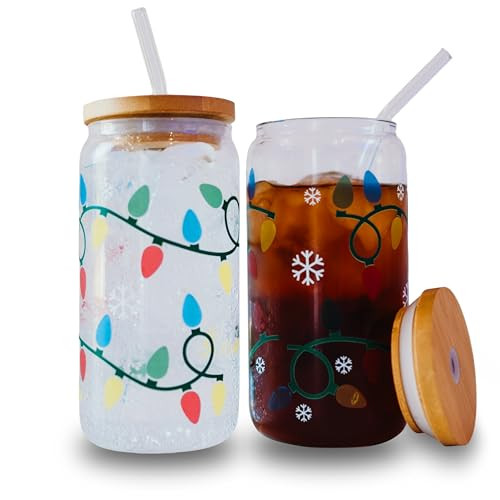 Color Changing Christmas Lights Cute Glass Cup, Winter Iced Coffee Glass Holiday Season Gift, Christmas Themed Gift for Women Cup Glass Tumbler | Amazon (US)