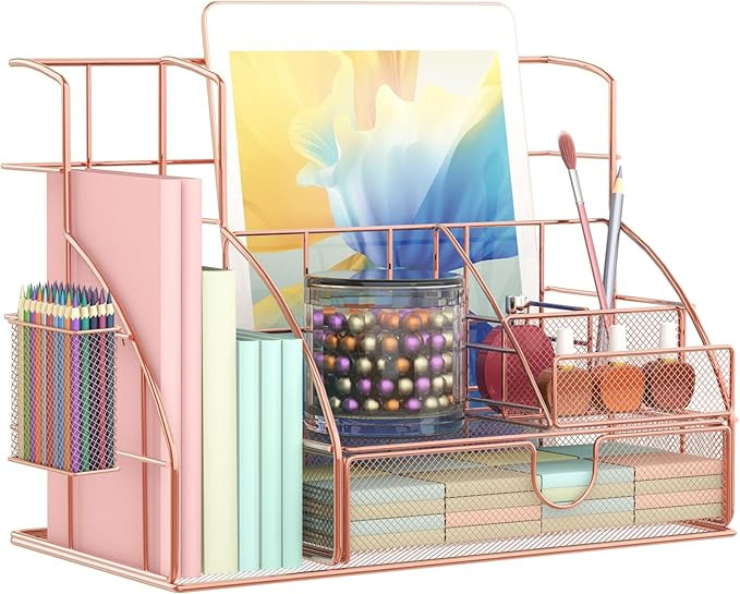 Rose Gold Desk Organizer for Women, College Dorm Room Essentials for Girls | Amazon (US)