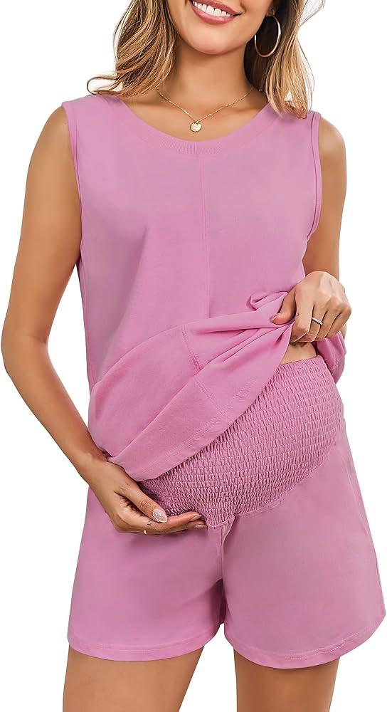 Maternity Pajamas for Women Sets 2 Piece Casual Maternity Outfits Sleeveless Top & High-waisted S... | Amazon (US)