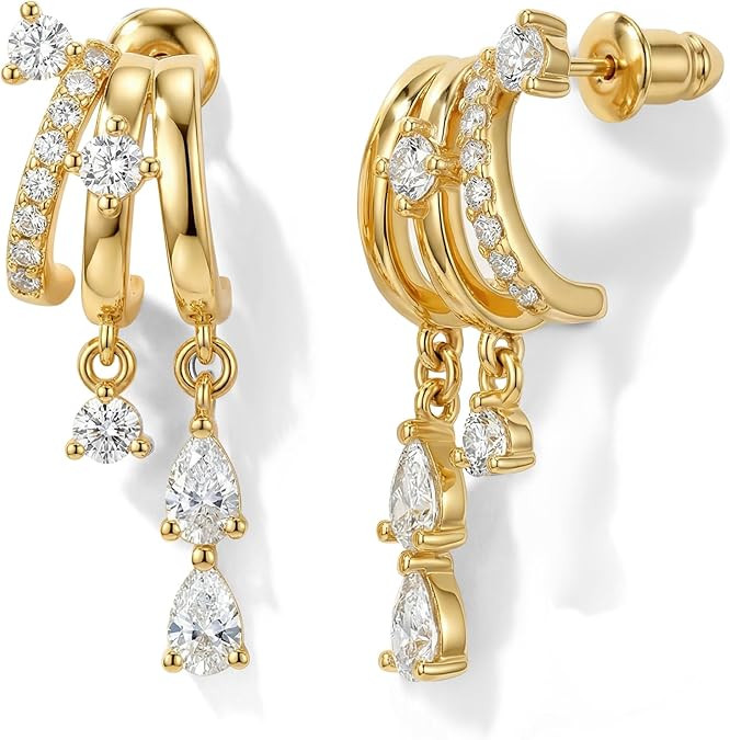 Triple Huggie Stacked Earrings for Women Gold Chain Drop Dangle Earrings Cute Statement CZ Earrin... | Amazon (US)
