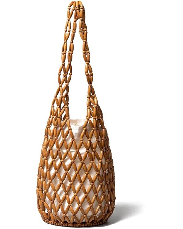 Women Retro Wooden Handbag Woven Bead Tote Bag Hollow Out Beach Casual Bucket Purse | Amazon (US)