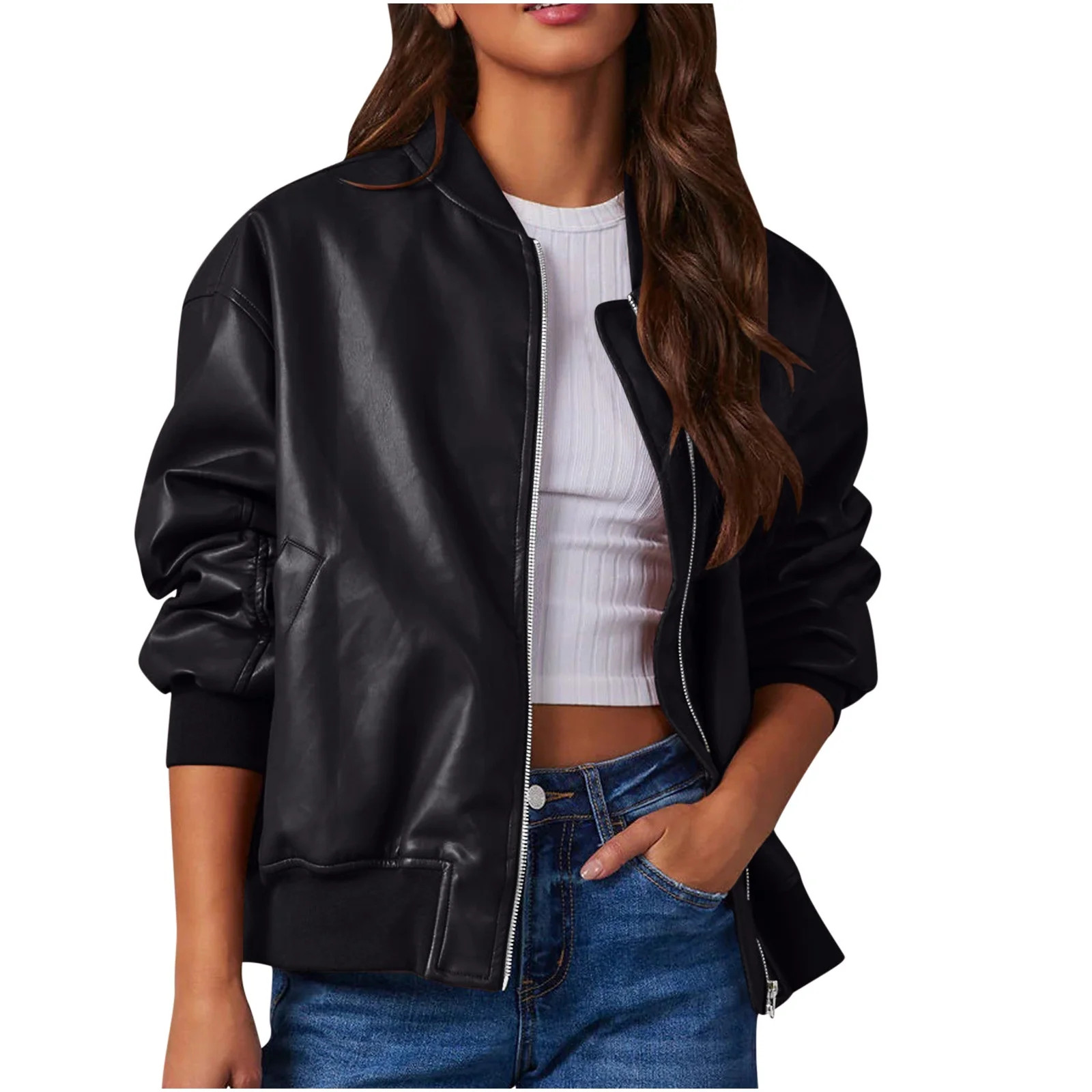 Sokhug Womens Faux Leather Jacket Bomber Jacket Oversized Zipper Motorcycle Jacket, Black | Walmart (US)