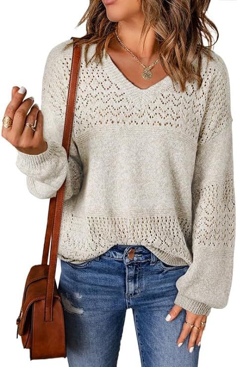 SHEWIN Womens Sweaters Casual Long Sleeve V Neck Lightweight Crochet Pullover Sweater Tops | Amazon (US)