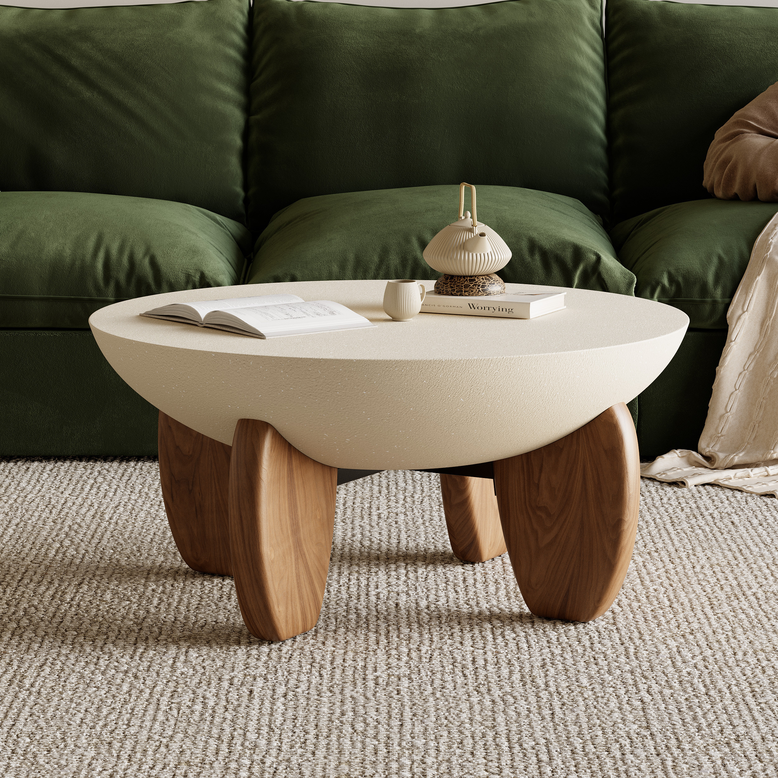 Curva Round Small Modern Beige & Walnut Coffee Table Concrete & Wood Accent Table | Homary