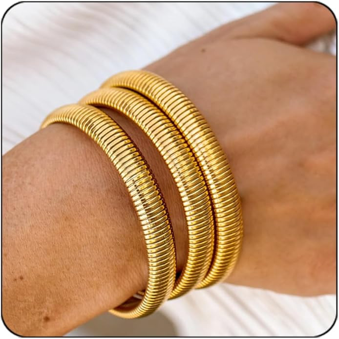 CONRAN KREMIX Gold Chunky Bangle Stretch Bracelets For Women 14K Real Gold Filled Stainless Steel... | Amazon (US)