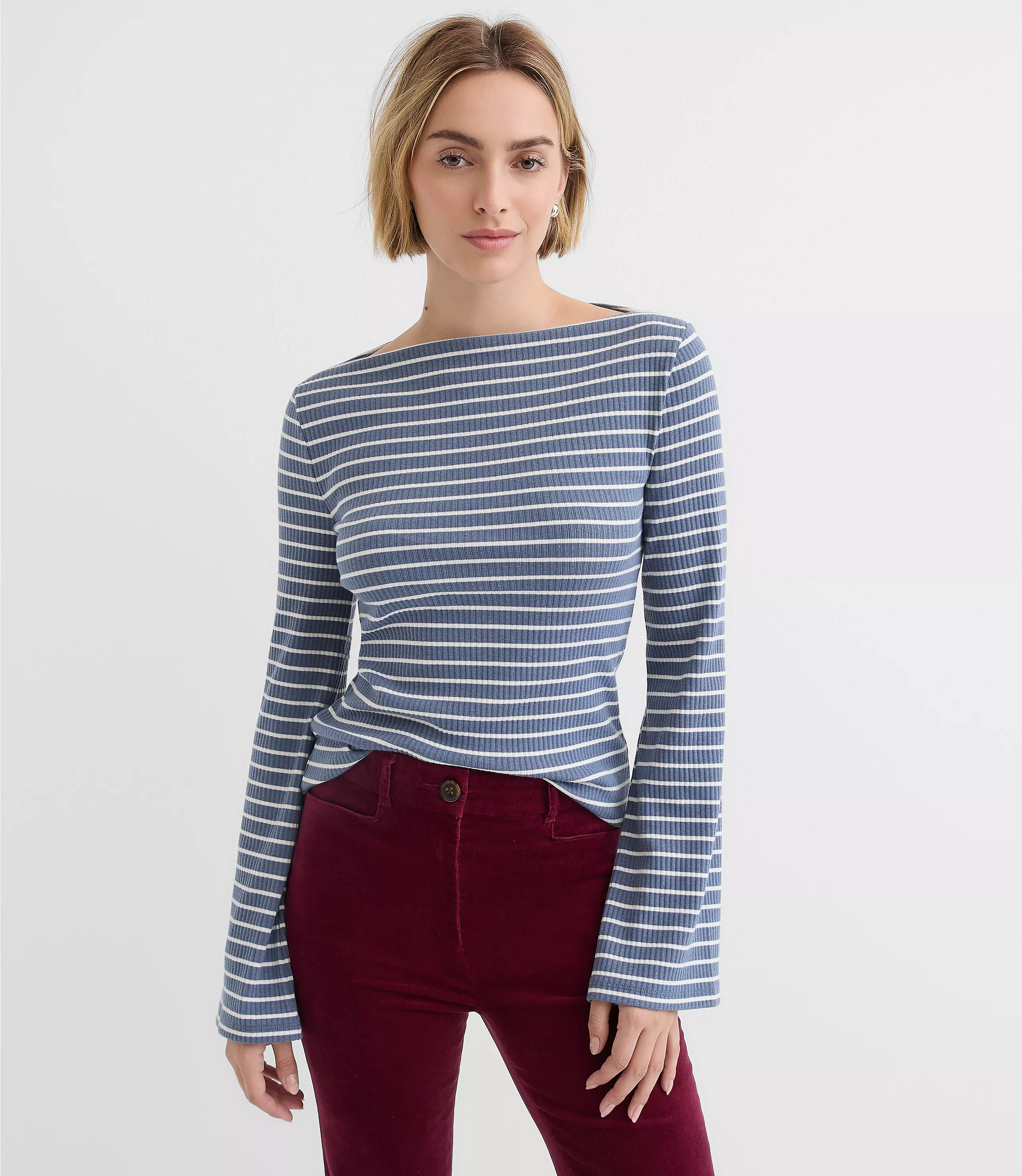 Stripe Ribbed Flare Sleeve Boatneck Top | LOFT