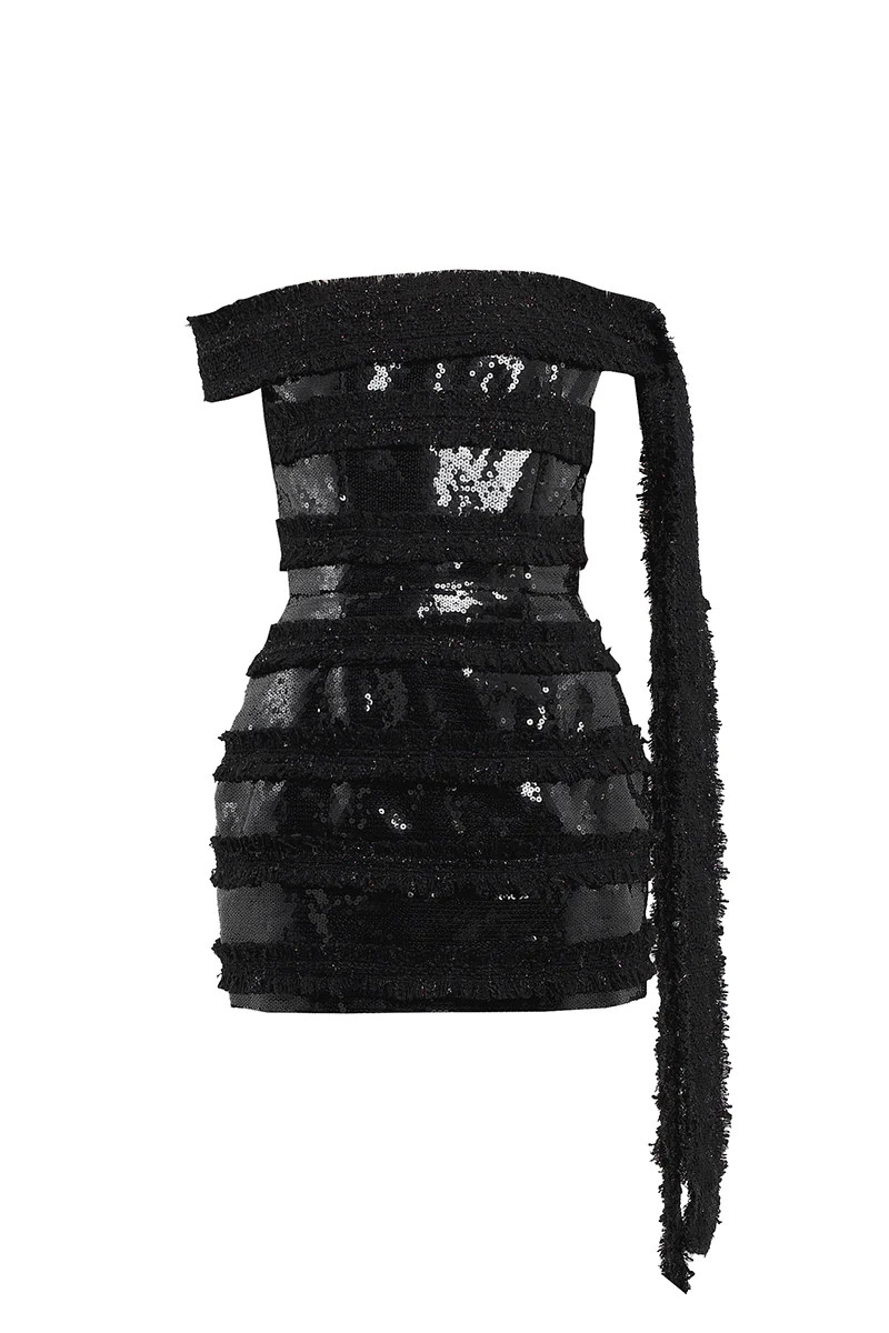 SEQUINS AND TWEED MINI DRESS IN BLACK | Compte Spain | CULT MIA | CULT MIA UK LTD
