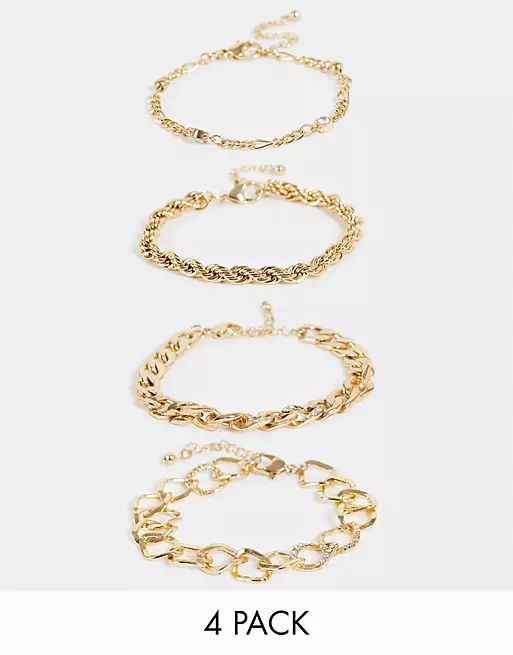 ASOS DESIGN pack of 4 chain bracelets with crystal in gold tone | ASOS (Global)