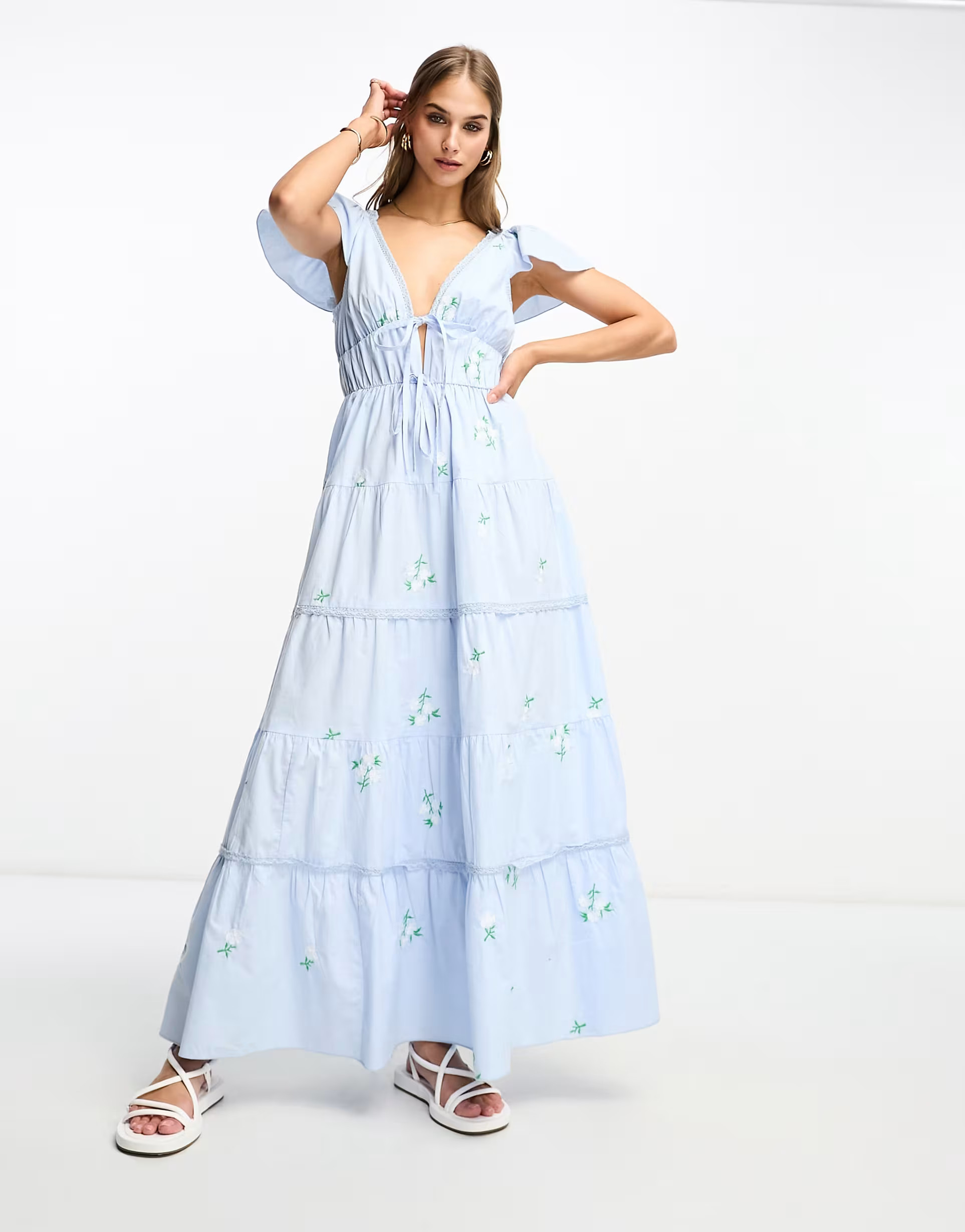 ASOS DESIGN embroidered cotton tiered midi dress with lace insert in blue floral | ASOS (Global)
