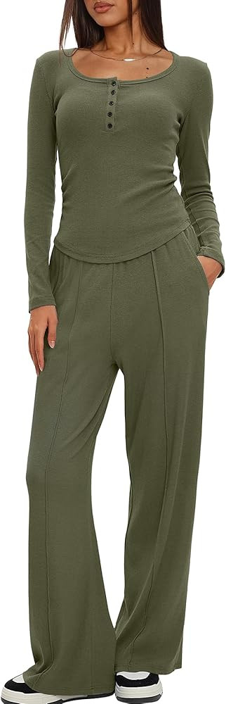 Darong Womens 2 Piece Matching Lounge Sets 2025 Fall Long Sleeve Henley Shirts Wide Leg Pants Air... | Amazon (US)
