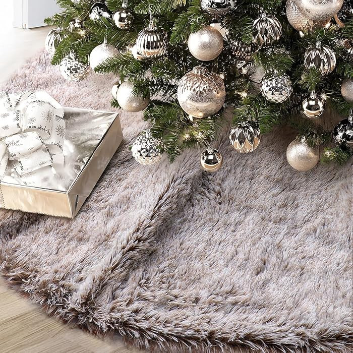 GMOEGEFT Christmas Tree Skirt 48 Inches Brown Plush Faux Fur for Slim Pencil Tree Xmas Holiday De... | Amazon (US)