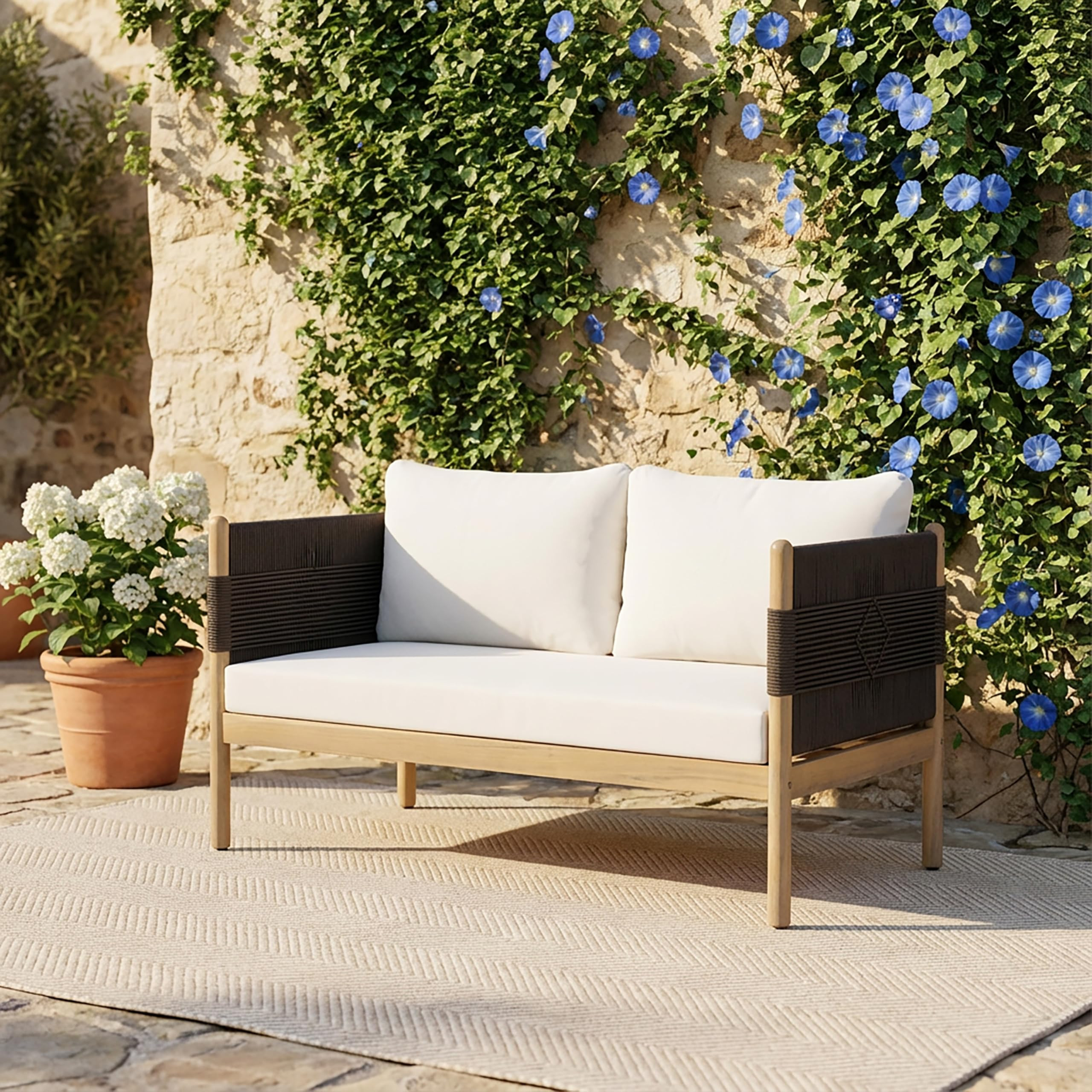 Amazon.com : Christopher Knight Home Lenor Acacia Wood Outdoor Loveseat Sofa, Solid Wood Patio 2 Seater Sofa with Removable Cushion, Comfy Lounge Sofa Outdoor for 2 People, Light Teak+Cream+Black : Patio, Lawn & Garden | Amazon (US)
