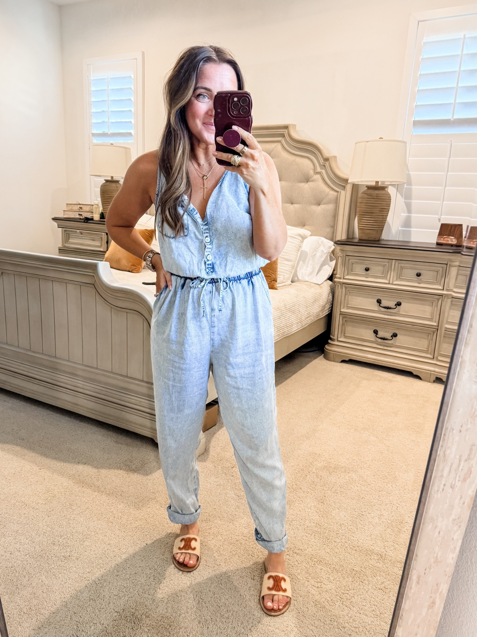 Jumpsuit - M (probably could have sized down) 
5’2” 145 lbs 
—
Amazon jumpsuit | Denim jumpsuit | Chambray jumpsuit | Fall transition look | Weekend mom look | Play date outfit | Errands outfit | Casual office attire 

#LTKFindsUnder50 #LTKFindsUnder100 #LTKmomlife