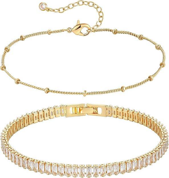 Bracelet for Women Gold Layered Set 14K Gold Filled Stackable Bracelets Trendy Figaro Satellite C... | Amazon (US)