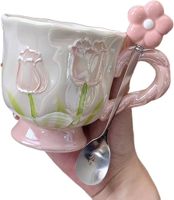 Ceramic Coffee MugEspresso Cup 14oz Pink Cute Flower withSpoon,Tulip Shaped Floral Girly Mug with... | Amazon (US)