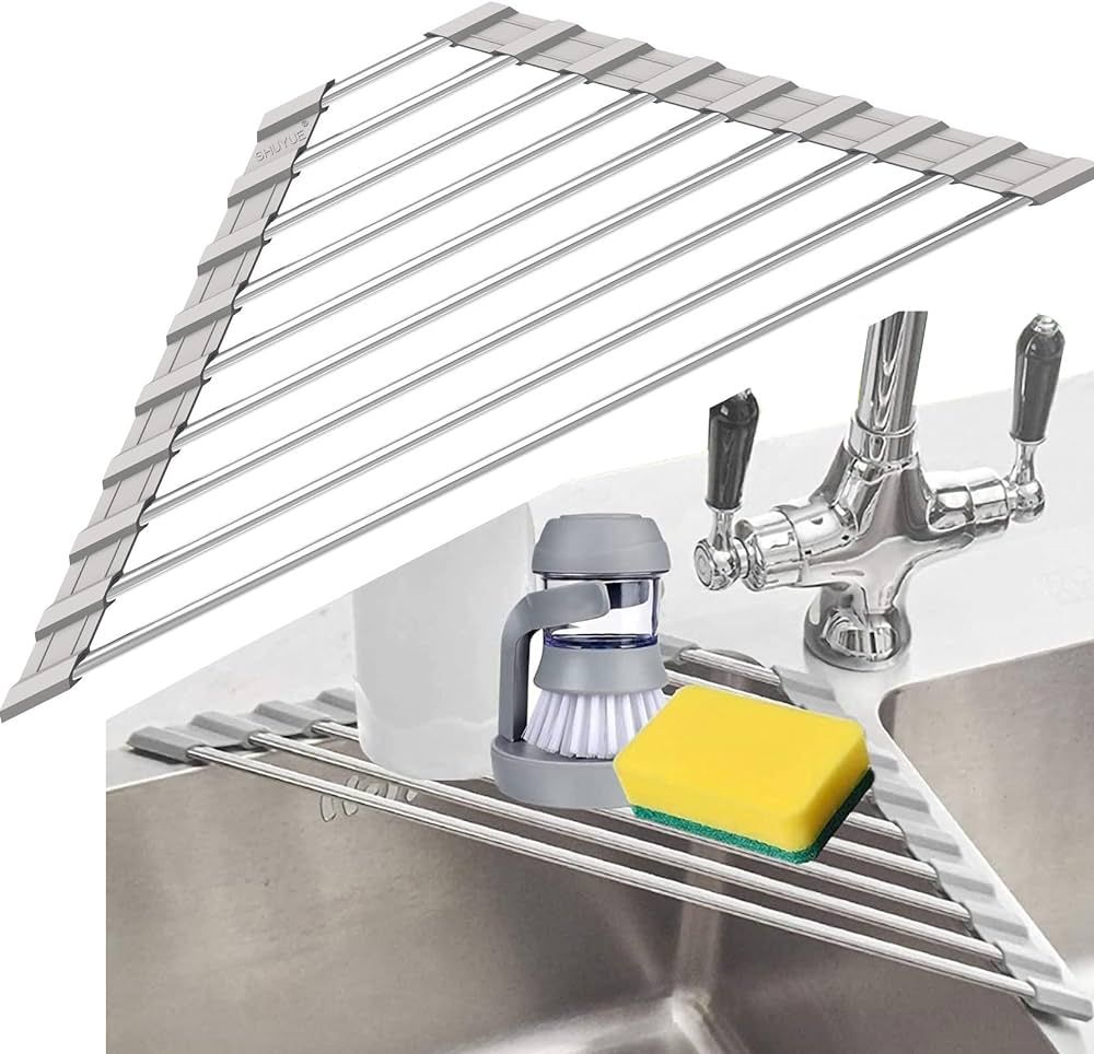 Triangle Dish Drying Rack for Sink Corner Roll Up Folding Stainless Steel Multipurpose Over The S... | Amazon (US)