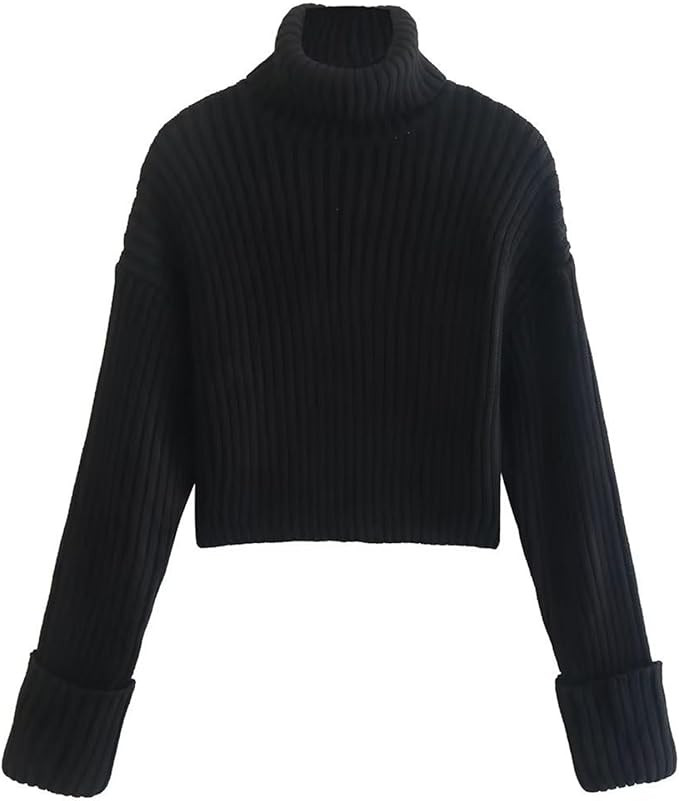 Womens Turtleneck Ribbed Long Sleeve Sweater Winter Fall Cropped Solid Knit Loose High Neck Pullo... | Amazon (US)