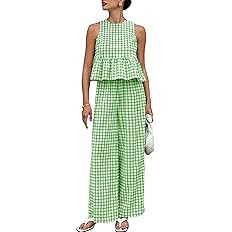Womens 2 Piece Outfits Sets Gingham Plaid Sleeveless Ruffle Tank Tops and Wide Leg Pants Summer M... | Amazon (US)